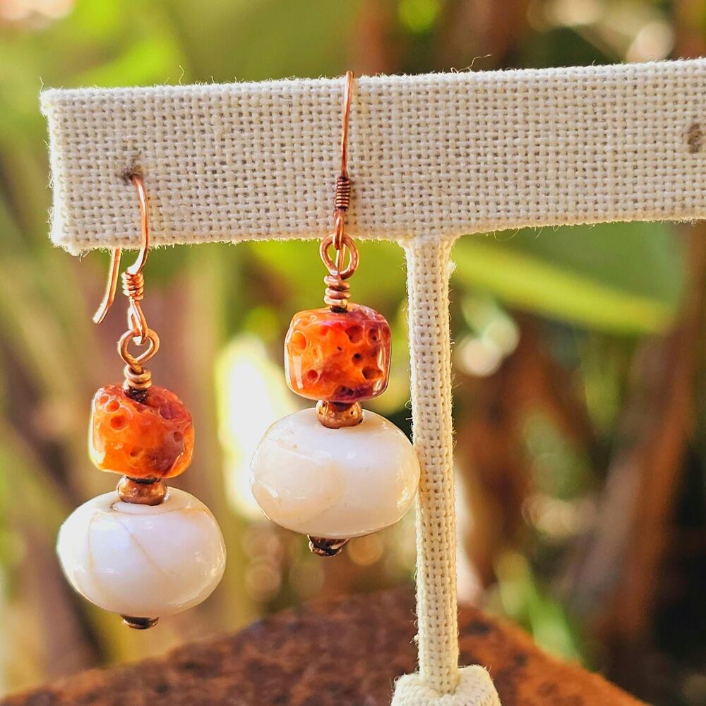 Vintage Conch Shell Spiny Oyster Artisan Copper Earrings